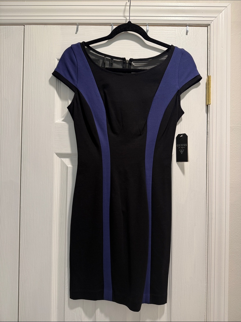 Guess Vintage NWT fitted Bodycon Dress Blue and Black Mesh Back Size 6